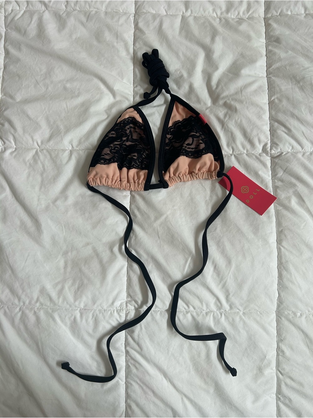 Black Lace Overlay Triangle Swim Bra with Nude Lining
